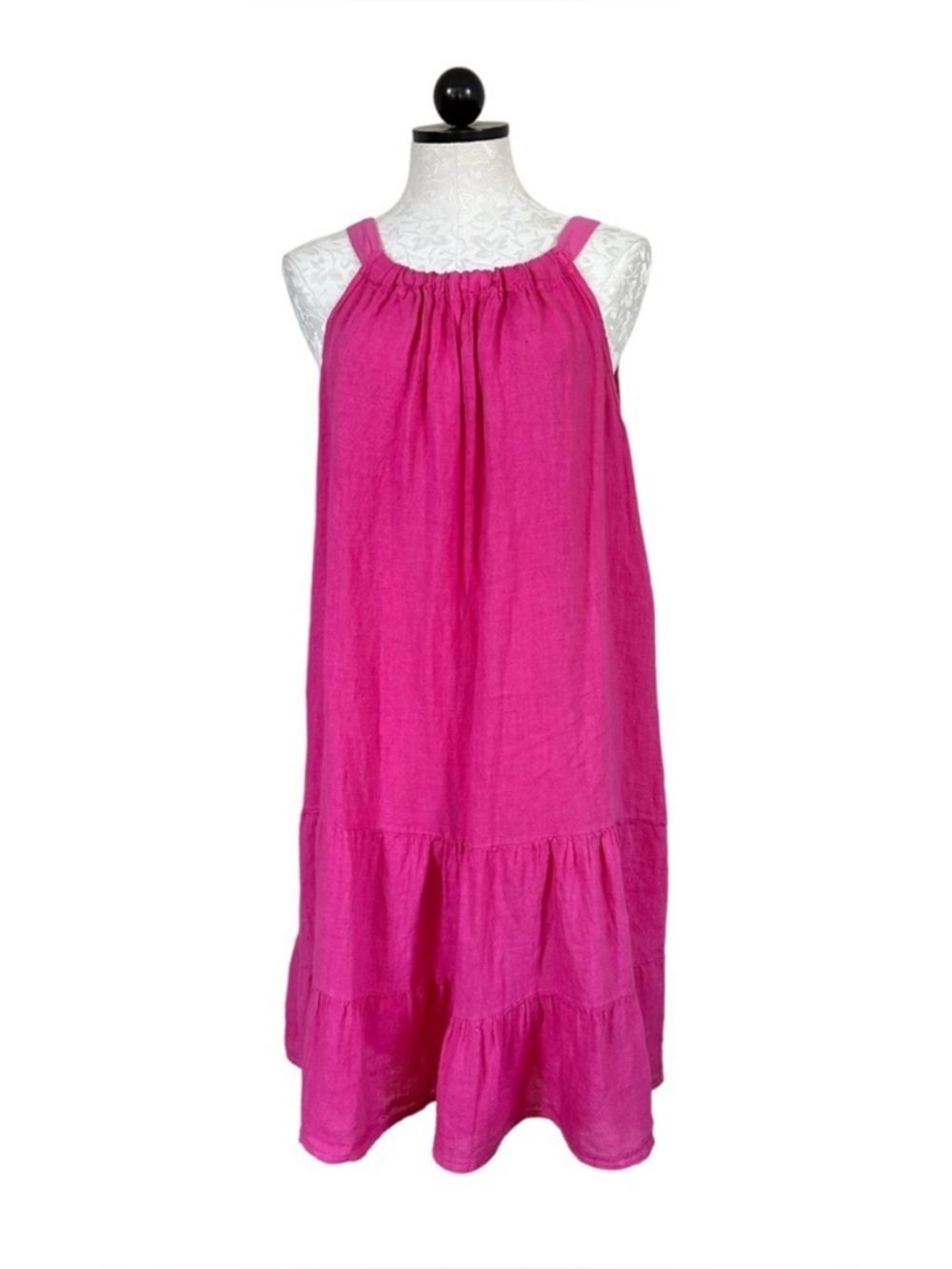 Bellambia Italian 100% Linen Summer Dress Pink Tiered Sleeveless Halter Size S